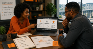 Oregon business professionals reviewing an SEO content strategy focused on customer intent, service pages, location pages, guides, and conversions.
