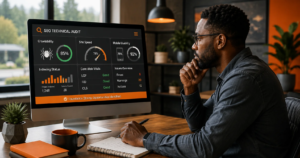 SEO specialist reviewing a technical website audit showing crawlability, site speed, mobile usability, indexing, and Core Web Vitals.
