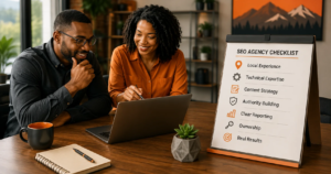 Oregon business professionals reviewing an SEO agency checklist covering local experience, technical expertise, content strategy, reporting, ownership, and results.